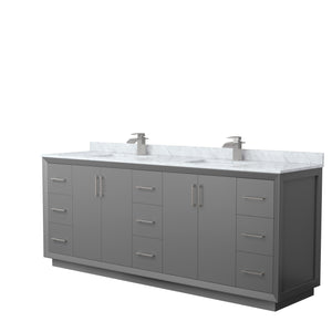 Strada 84 Inch Double Bathroom Vanity in Dark Gray White Carrara Marble Countertop Undermount Square Sink Brushed Nickel Trim