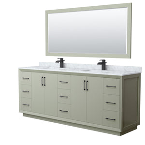 Strada 84 Inch Double Bathroom Vanity in Light Green White Carrara Marble Countertop Undermount Square Sinks Matte Black Trim 70 Inch Mirror