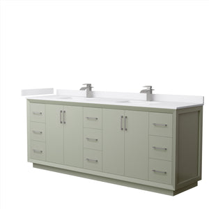 Strada 84 Inch Double Bathroom Vanity in Light Green White Cultured Marble Countertop Undermount Square Sinks Brushed Nickel Trim