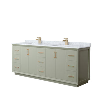 Strada 84 Inch Double Bathroom Vanity in Light Green White Carrara Marble Countertop Undermount Square Sinks Satin Bronze Trim
