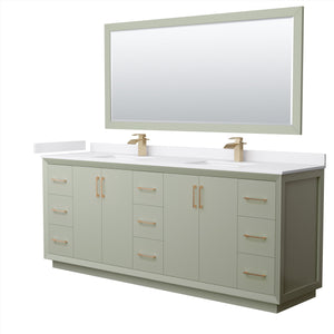 Strada 84 Inch Double Bathroom Vanity in Light Green White Cultured Marble Countertop Undermount Square Sinks Satin Bronze Trim 70 Inch Mirror