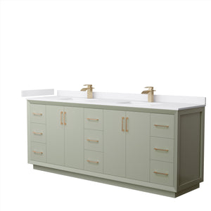 Strada 84 Inch Double Bathroom Vanity in Light Green White Cultured Marble Countertop Undermount Square Sinks Satin Bronze Trim