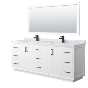 Strada 84 Inch Double Bathroom Vanity in White White Carrara Marble Countertop Undermount Square Sink Matte Black Trim 70 Inch Mirror