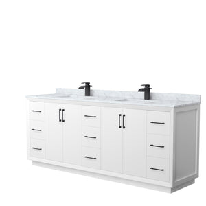 Strada 84 Inch Double Bathroom Vanity in White White Carrara Marble Countertop Undermount Square Sink Matte Black Trim
