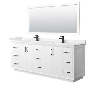 Strada 84 Inch Double Bathroom Vanity in White White Cultured Marble Countertop Undermount Square Sink Matte Black Trim 70 Inch Mirror