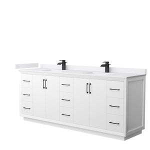 Strada 84 Inch Double Bathroom Vanity in White White Cultured Marble Countertop Undermount Square Sink Matte Black Trim