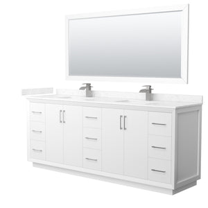 Strada 84 Inch Double Bathroom Vanity in White Carrara Cultured Marble Countertop Undermount Square Sink Brushed Nickel Trim 70 Inch Mirror