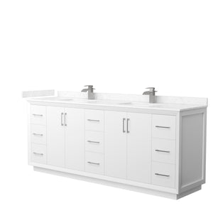 Strada 84 Inch Double Bathroom Vanity in White Carrara Cultured Marble Countertop Undermount Square Sink Brushed Nickel Trim