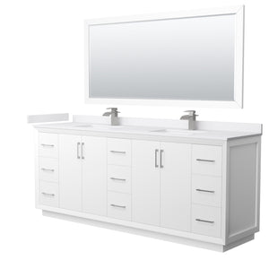 Strada 84 Inch Double Bathroom Vanity in White White Cultured Marble Countertop Undermount Square Sink Brushed Nickel Trim 70 Inch Mirror