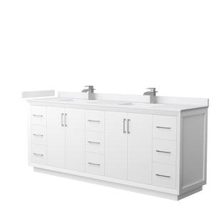 Strada 84 Inch Double Bathroom Vanity in White White Cultured Marble Countertop Undermount Square Sink Brushed Nickel Trim