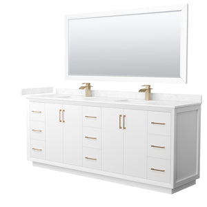 Strada 84 Inch Double Bathroom Vanity in White Carrara Cultured Marble Countertop Undermount Square Sink Satin Bronze Trim 70 Inch Mirror
