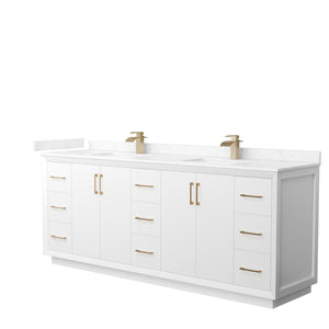 Strada 84 Inch Double Bathroom Vanity in White Carrara Cultured Marble Countertop Undermount Square Sink Satin Bronze Trim