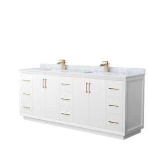 Strada 84 Inch Double Bathroom Vanity in White White Carrara Marble Countertop Undermount Square Sink Satin Bronze Trim