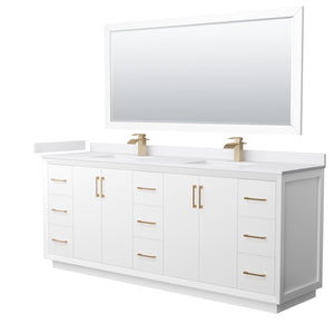 Strada 84 Inch Double Bathroom Vanity in White White Cultured Marble Countertop Undermount Square Sink Satin Bronze Trim 70 Inch Mirror
