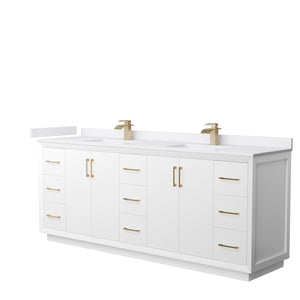 Strada 84 Inch Double Bathroom Vanity in White White Cultured Marble Countertop Undermount Square Sink Satin Bronze Trim