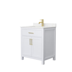 Beckett 30 Inch Single Bathroom Vanity in White Carrara Cultured Marble Countertop Undermount Square Sink Brushed Gold Trim