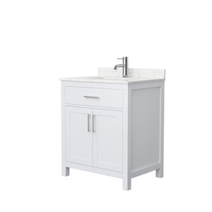 Beckett 30 Inch Single Bathroom Vanity in White Carrara Cultured Marble Countertop Undermount Square Sink Brushed Nickel Trim