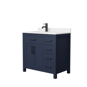 Beckett 36 Inch Single Bathroom Vanity in Dark Blue Carrara Cultured Marble Countertop Undermount Square Sink Matte Black Trim
