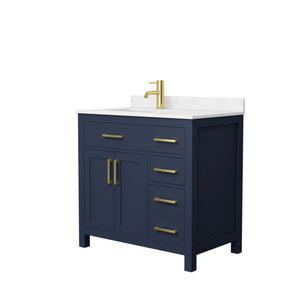 Beckett 36 Inch Single Bathroom Vanity in Dark Blue Carrara Cultured Marble Countertop Undermount Square Sink Brushed Gold Trim