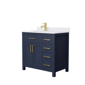 Beckett 36 Inch Single Bathroom Vanity in Dark Blue White Cultured Marble Countertop Undermount Square Sink Brushed Gold Trim