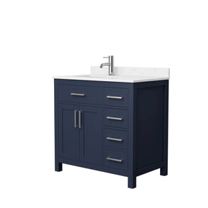Beckett 36 Inch Single Bathroom Vanity in Dark Blue Carrara Cultured Marble Countertop Undermount Square Sink Brushed Nickel Trim