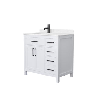 Beckett 36 Inch Single Bathroom Vanity in White Carrara Cultured Marble Countertop Undermount Square Sink Matte Black Trim