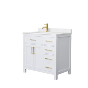 Beckett 36 Inch Single Bathroom Vanity in White Carrara Cultured Marble Countertop Undermount Square Sink Brushed Gold Trim