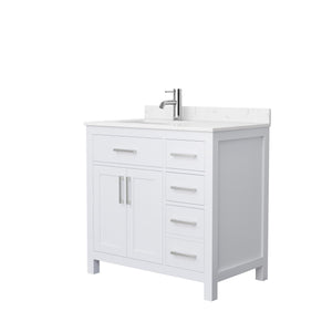Beckett 36 Inch Single Bathroom Vanity in White Carrara Cultured Marble Countertop Undermount Square Sink Brushed Nickel Trim