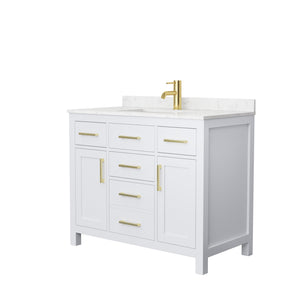Beckett 42 Inch Single Bathroom Vanity in White Carrara Cultured Marble Countertop Undermount Square Sink Brushed Gold Trim