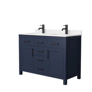 Beckett 48 Inch Double Bathroom Vanity in Dark Blue Carrara Cultured Marble Countertop Undermount Square Sinks Matte Black Trim