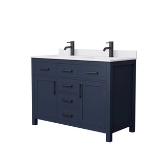 Beckett 48 Inch Double Bathroom Vanity in Dark Blue White Cultured Marble Countertop Undermount Square Sinks Matte Black Trim