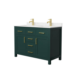 Beckett 48 Inch Double Bathroom Vanity in Green Carrara Cultured Marble Countertop Undermount Square Sinks Brushed Gold Trim
