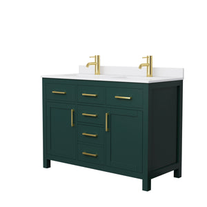Beckett 48 Inch Double Bathroom Vanity in Green White Cultured Marble Countertop Undermount Square Sinks Brushed Gold Trim