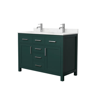 Beckett 48 Inch Double Bathroom Vanity in Green Carrara Cultured Marble Countertop Undermount Square Sinks Brushed Nickel Trim