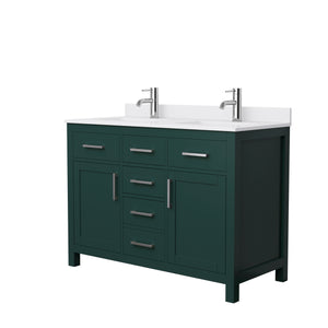 Beckett 48 Inch Double Bathroom Vanity in Green White Cultured Marble Countertop Undermount Square Sinks Brushed Nickel Trim