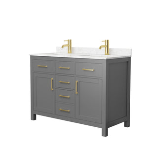 Beckett 48 Inch Double Bathroom Vanity in Dark Gray Carrara Cultured Marble Countertop Undermount Square Sinks Brushed Gold Trim