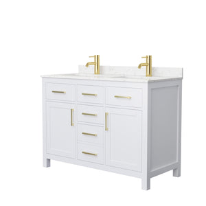 Beckett 48 Inch Double Bathroom Vanity in White Carrara Cultured Marble Countertop Undermount Square Sinks Brushed Gold Trim