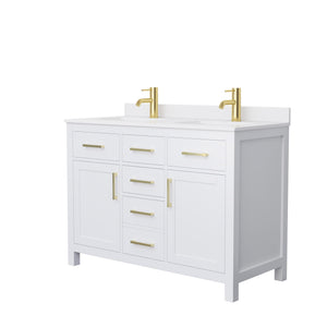 Beckett 48 Inch Double Bathroom Vanity in White White Cultured Marble Countertop Undermount Square Sinks Brushed Gold Trim