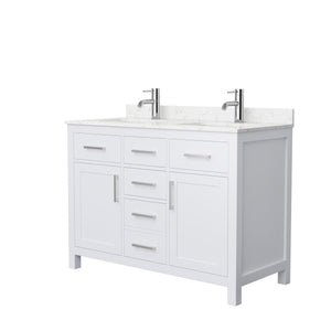 Beckett 48 Inch Double Bathroom Vanity in White Carrara Cultured Marble Countertop Undermount Square Sinks Brushed Nickel Trim