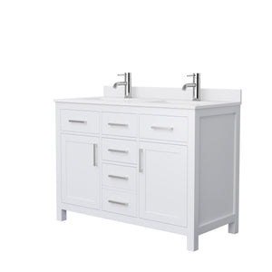 Beckett 48 Inch Double Bathroom Vanity in White White Cultured Marble Countertop Undermount Square Sinks Brushed Nickel Trim