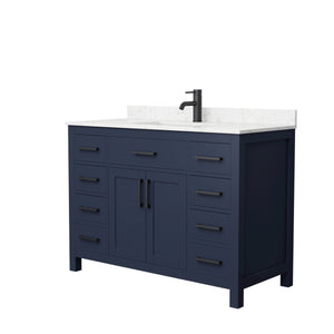 Beckett 48 Inch Single Bathroom Vanity in Dark Blue Carrara Cultured Marble Countertop Undermount Square Sink Matte Black Trim