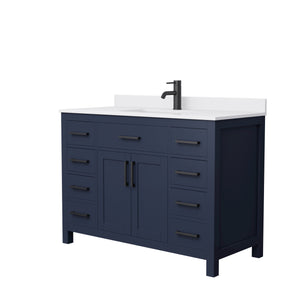 Beckett 48 Inch Single Bathroom Vanity in Dark Blue White Cultured Marble Countertop Undermount Square Sink Matte Black Trim