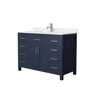 Beckett 48 Inch Single Bathroom Vanity in Dark Blue Carrara Cultured Marble Countertop Undermount Square Sink Brushed Nickel Trim