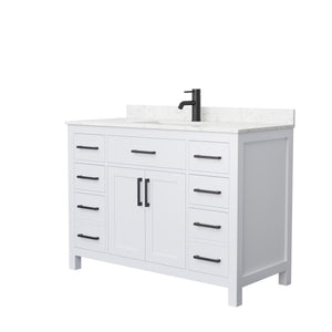 Beckett 48 Inch Single Bathroom Vanity in White Carrara Cultured Marble Countertop Undermount Square Sink Matte Black Trim