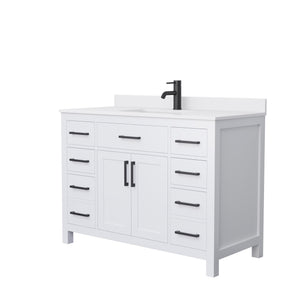 Beckett 48 Inch Single Bathroom Vanity in White White Cultured Marble Countertop Undermount Square Sink Matte Black Trim