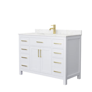 Beckett 48 Inch Single Bathroom Vanity in White Carrara Cultured Marble Countertop Undermount Square Sink Brushed Gold Trim