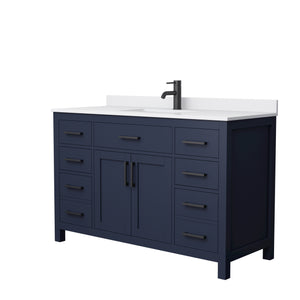 Beckett 54 Inch Single Bathroom Vanity in Dark Blue White Cultured Marble Countertop Undermount Square Sink Matte Black Trim