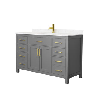 Beckett 54 Inch Single Bathroom Vanity in Dark Gray Carrara Cultured Marble Countertop Undermount Square Sink Brushed Gold Trim