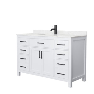 Beckett 54 Inch Single Bathroom Vanity in White Carrara Cultured Marble Countertop Undermount Square Sink Matte Black Trim
