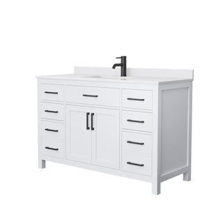 Beckett 54 Inch Single Bathroom Vanity in White White Cultured Marble Countertop Undermount Square Sink Matte Black Trim